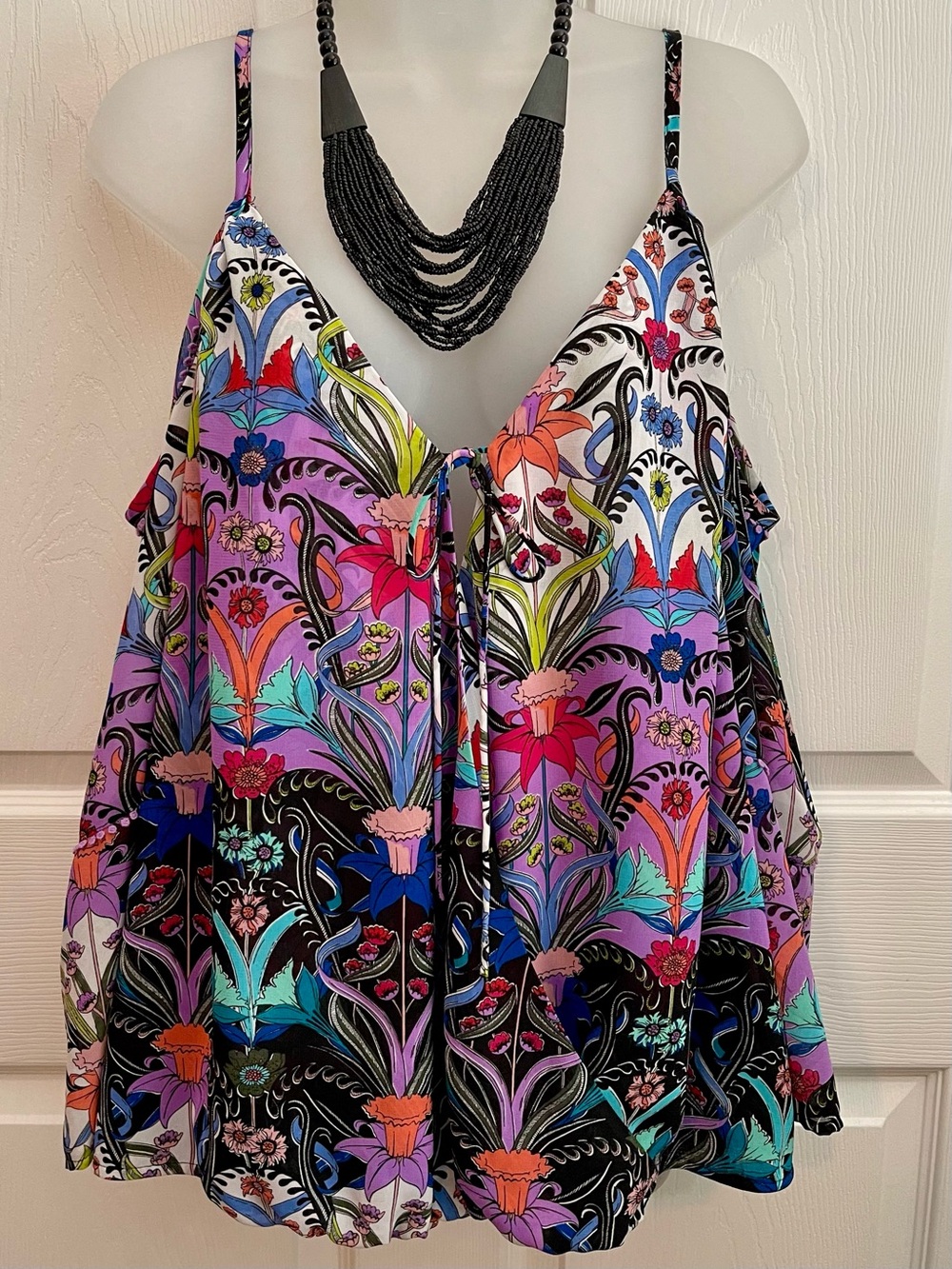 NICOLE MILLER Multicolor Botanical Floral Print Spaghetti Strap Women's Top L